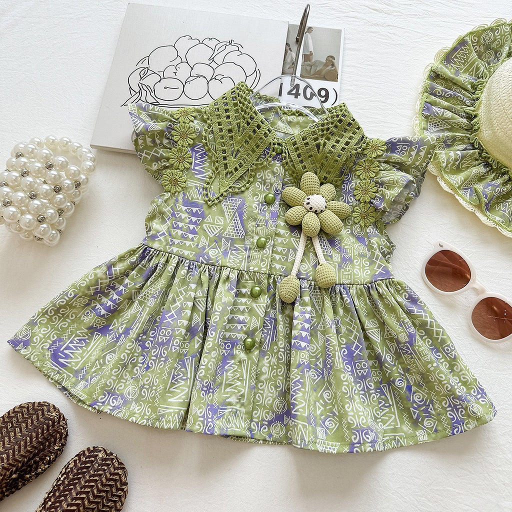 Summer Girls' Set Geometric Print Flutter Sleeve Shorts Vacation Style Two-Piece Set