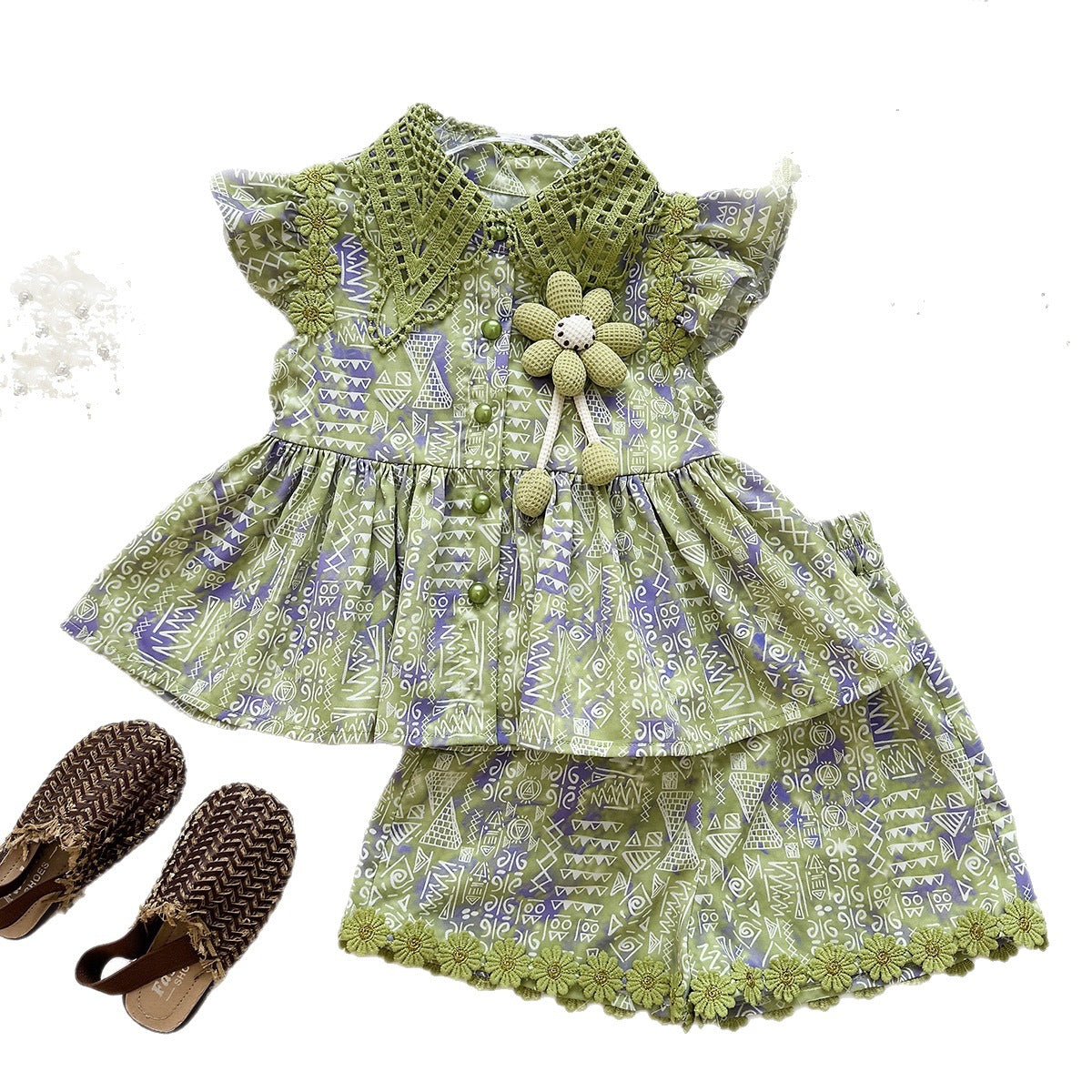 Summer Girls' Set Geometric Print Flutter Sleeve Shorts Vacation Style Two-Piece Set